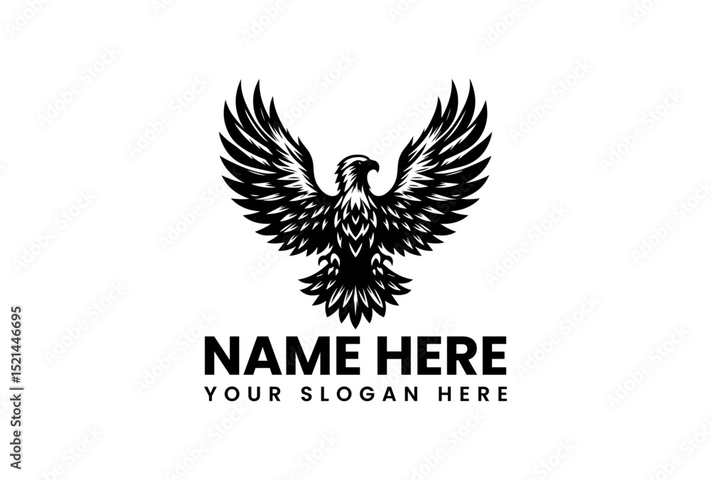 Obraz premium Bold stencil vector logo of powerful eagle with outstretched wings and detailed feather patterns