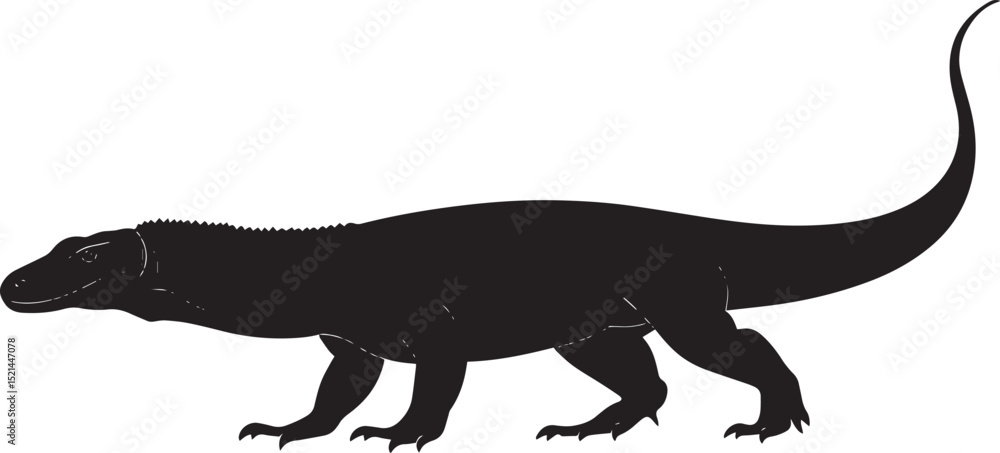 Naklejka premium Komodo dragon moving forward legs extended outward, body close to the ground, and tail trailing in a black vector outline.