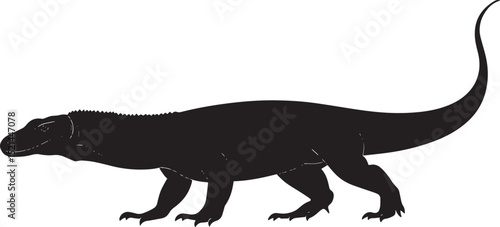 Komodo dragon moving forward legs extended outward, body close to the ground, and tail trailing in a black vector outline.