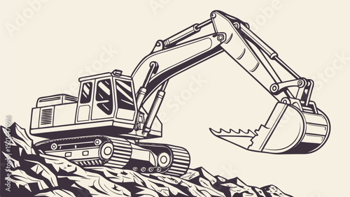 Illustration of a powerful excavator on rocky terrain ready for construction and excavation work outdoors