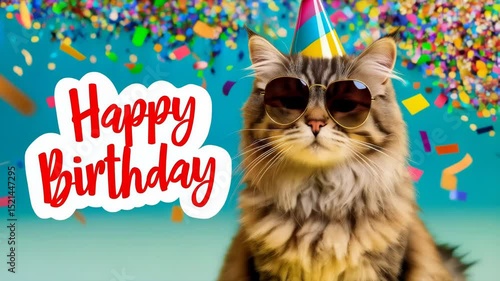 Happy Birthday Cat with Party Hat and Sunglasses - Festive Pet Celebration. A charming and playful image of a cat wearing a birthday party hat and sunglasses, with the text “Happy Birthday” displayed 
