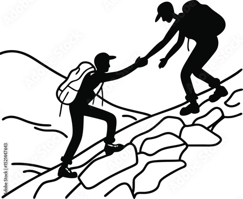 Hiker Helping Another Climb Steep Rocky Slope