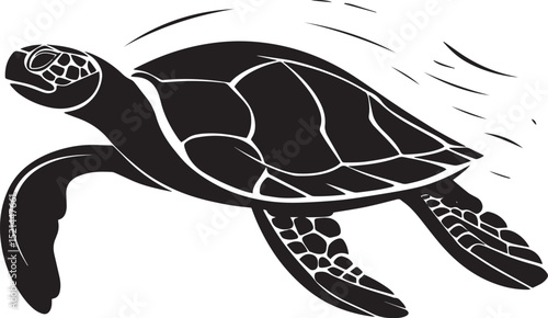 Turtle gliding through water body streamlined, legs paddling, and head slightly elevated above the surface in a full-length silhouette.