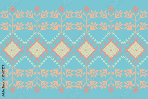 Cross stitch pattern concept showcasing traditional ethnic geometric pattern, Design for textile, background,carpet,wallpaper,clothing,wrapping,Batik,fabric,Vector illustration	
