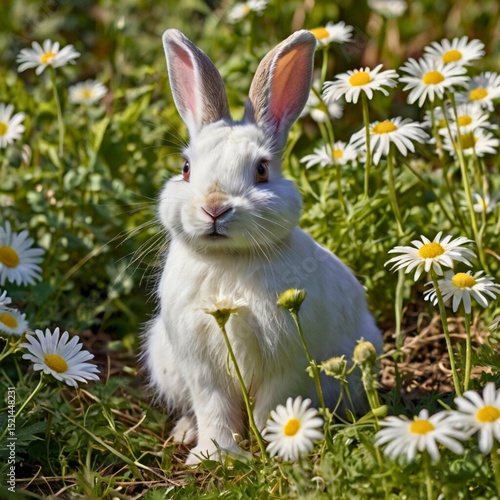 White Rabbit in Daisy-Filled Meadow 