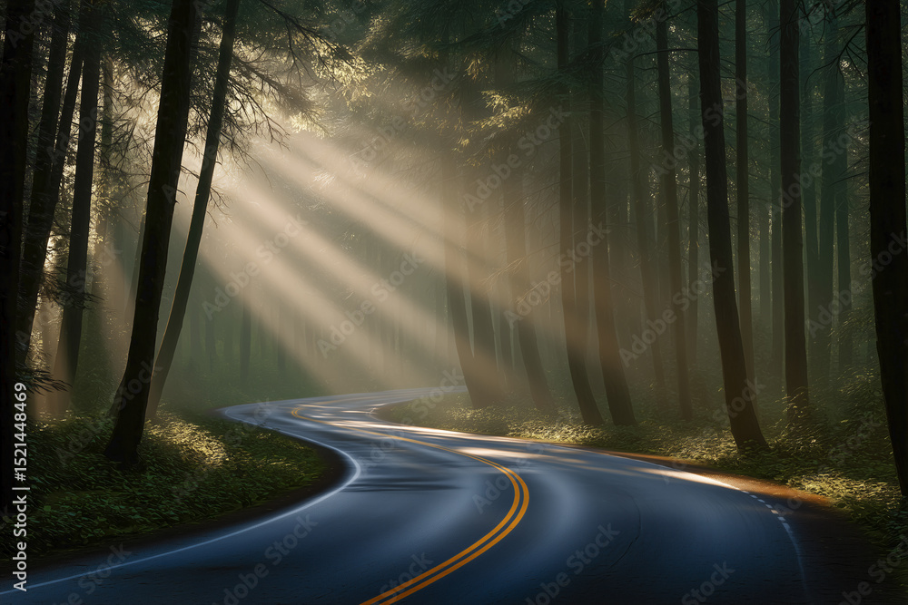 Fototapeta premium driving through the road and sun rays in the forest
