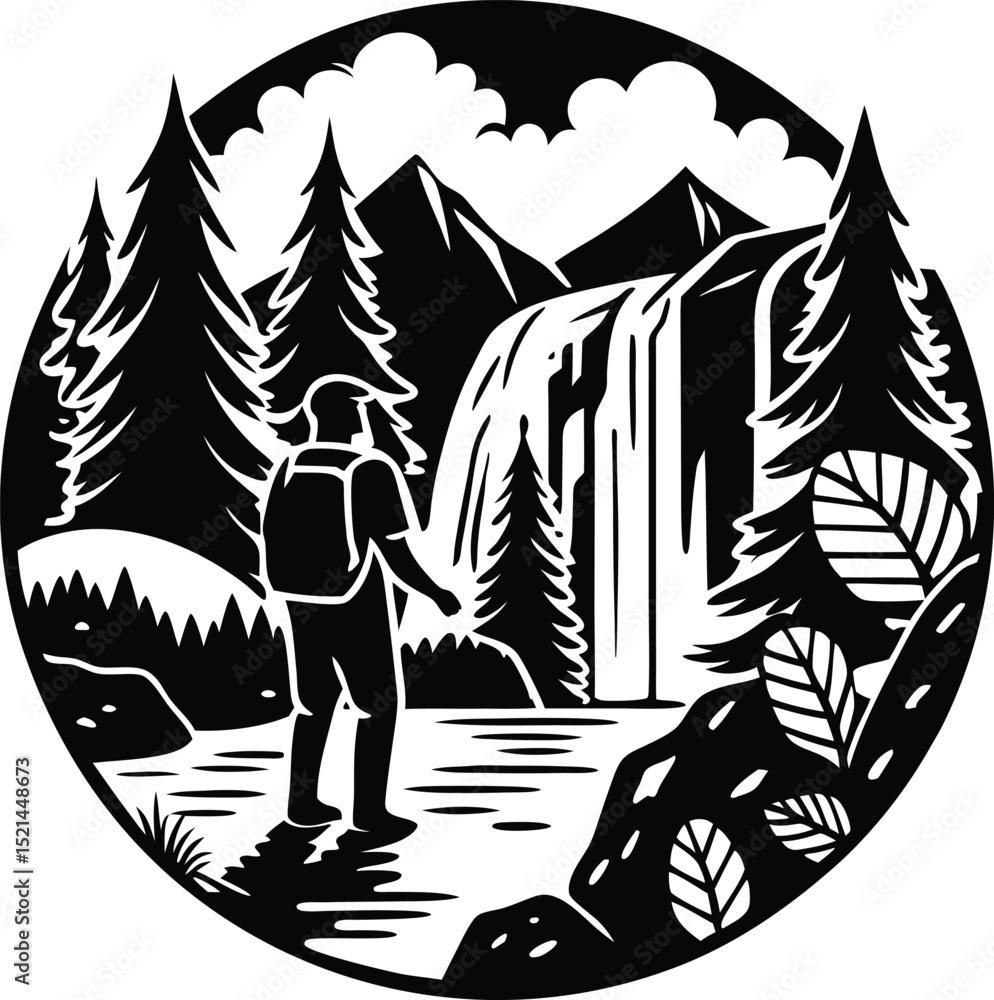 Fototapeta premium Hiker Pauses Before a Flowing Waterfall in a Circular Mountain Forest