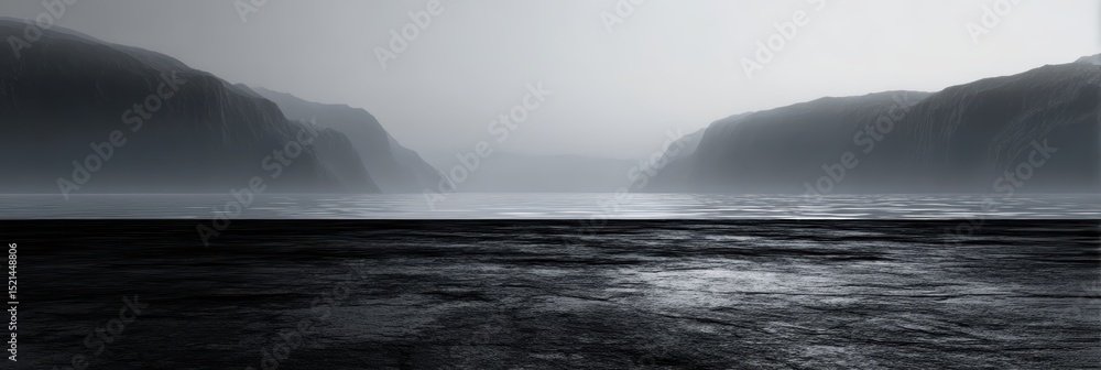 Fototapeta premium black granite surface with foggy alpine lake behind