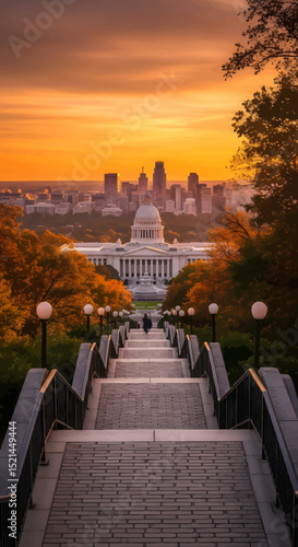 Sunset Cityscape Viewed from Grand Staircase Leading to Capitol Building