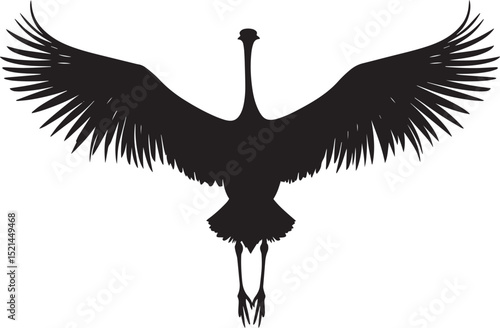 Ostrich Flapping Wings Wings spread slightly body upright tail fanned out. full length silhouette black vector illustration