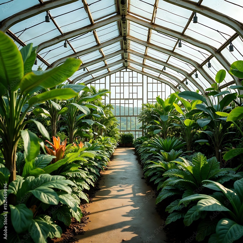 Walking Through Lush Greenhouse Plants and Sunlight with Glass Roof Walking Through Lush Greenhouse Plants and Sunlight with Glass Roof