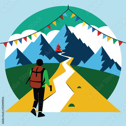 Hiker on a Path to a Red Mountain Temple with a Colorful Flag