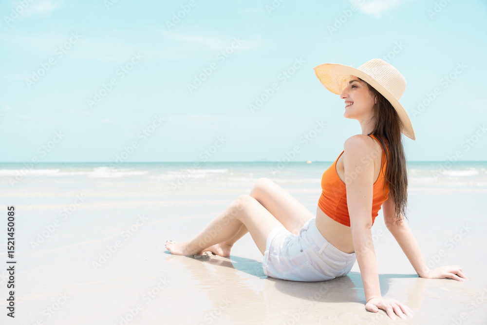 custom made wallpaper toronto digitalHappy beautiful young woman smiling at the beach side - Delightful girl enjoying sunny day. Summer holiday fashion concept. Young fashion woman relax on the beach.