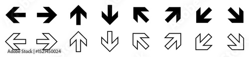 Arrow icons collection. Bold and outline directional arrow symbol pointing in all directions, black vector pointers for navigation, interface, web design, and UI elements on white background.