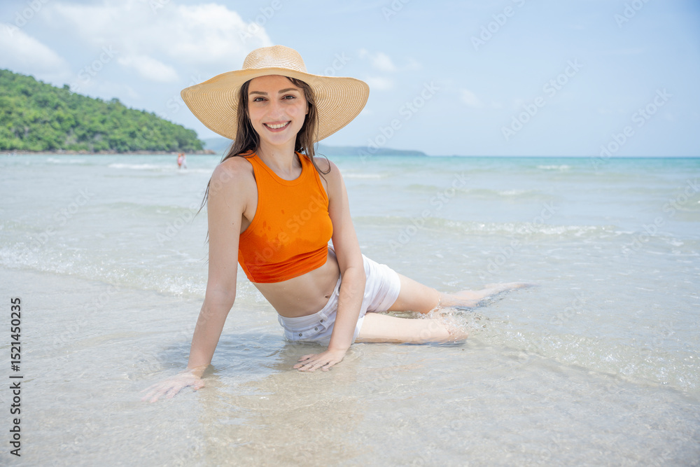 custom made wallpaper toronto digitalHappy beautiful young woman smiling at the beach side - Delightful girl enjoying sunny day. Summer holiday fashion concept. Young fashion woman relax on the beach.