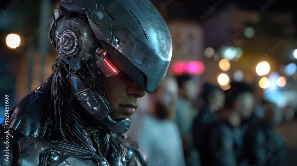 Robotic Vigilance: A state-of-the-art cyborg stands guard, a fusion of technology and humanity. The advanced mechanical armor, complete with a visor. Robotic Vigilance: A state-of-the-art cyborg stands guard, a fusion of technology and humanity. The advanced mechanical armor, complete with a visor.