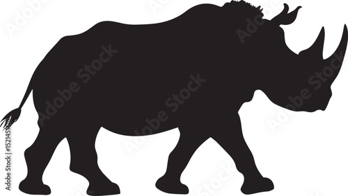 Rhino Walking One leg lifted body in mid-stride tail trailing behind. full length silhouette black vector illustration