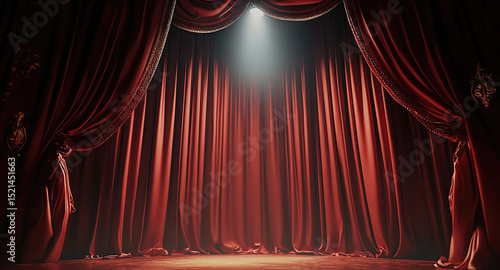 Red stage curtain with spotlight, elegant theater backdrop, dramatic mood, classic performance scene
