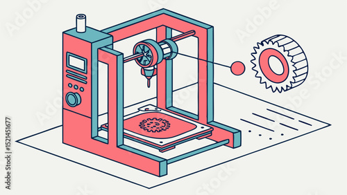 Isometric view of a d printer creating a gear with a control panel and filament spool on a white surface
