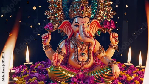 Low-angle shot of a vibrant Ganesha idol surrounded by flowers and candles, creating a spiritual and festive atmosphere, ideal for a devotional video.