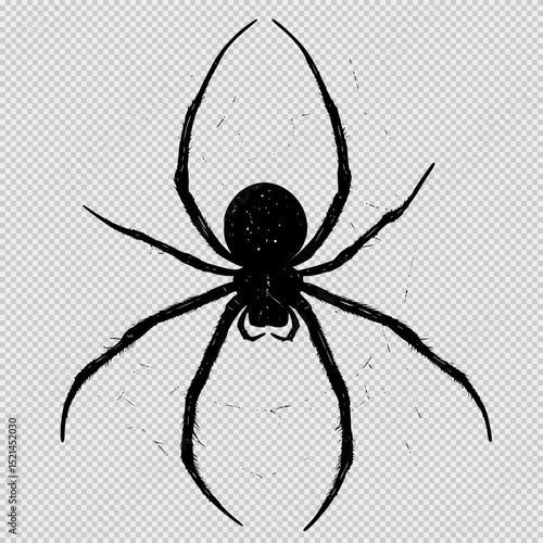 Minimal black widow spider illustration hanging from a web, in black on a clean white background, designed in a simple, low-detail style with no shadows, perfect for clipart or graphic use.