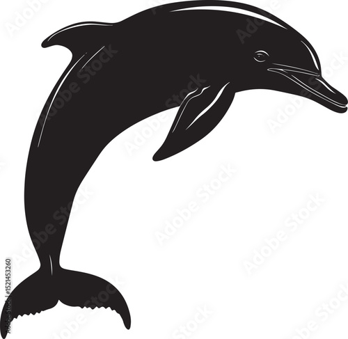 Dolphin Feeding Diving toward the ocean floor, mouth open, body angled downward. full length silhouette black vector illustration