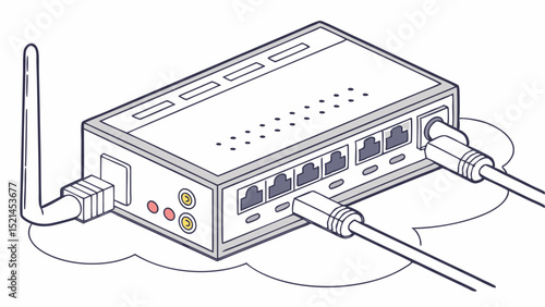 Illustration of a network router with antenna and cables plugged in on a cloud like background design