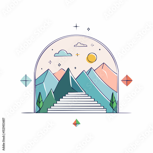 Vector illustrations in simple line style, boho abstract prints, simple arcs with natural landscapes with mountains and hills, stairs and mystic elements, logo design and print template, summer hotel