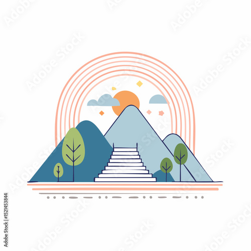Vector illustrations in simple line style, boho abstract prints, simple arcs with natural landscapes with mountains and hills, stairs and mystic elements, logo design and print template, summer hotel