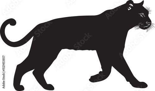 Tiger Walking One paw lifted, body in mid-stride, tail trailing. full length silhouette black vector illustration