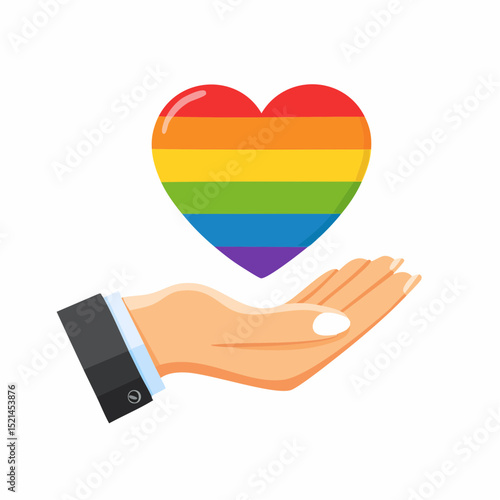 Png illustration in flat simple linear style - hand and pride LGBT rainbow heart - Icon and symbol for sticker, print, banner