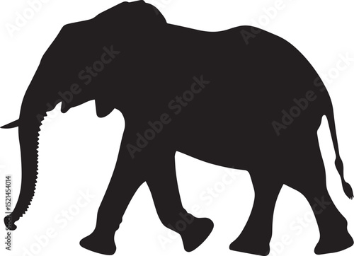 Walking One leg lifted in mid-step, trunk extended forward, ears flared out. full length silhouette black vector illustration