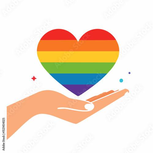 Png illustration in flat simple linear style - hand and pride LGBT rainbow heart - Icon and symbol for sticker, print, banner