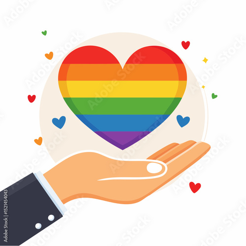 Png illustration in flat simple linear style - hand and pride LGBT rainbow heart - Icon and symbol for sticker, print, banner