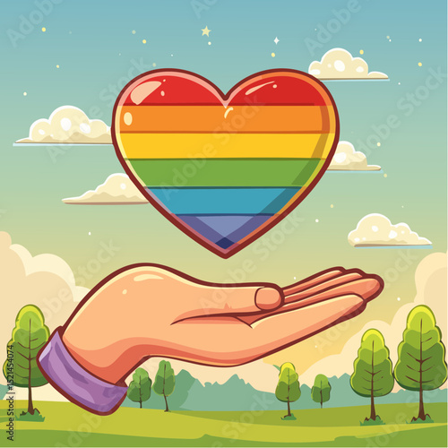 Png illustration in flat simple linear style - hand and pride LGBT rainbow heart - Icon and symbol for sticker, print, banner