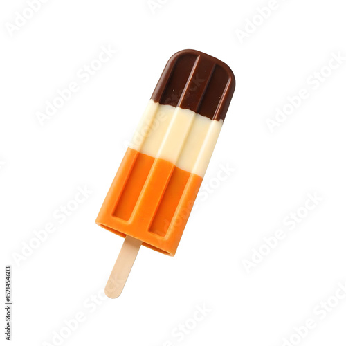 A popsicle with three flavors: chocolate , vanilla and orange , on a wooden stick, isolated on a png background