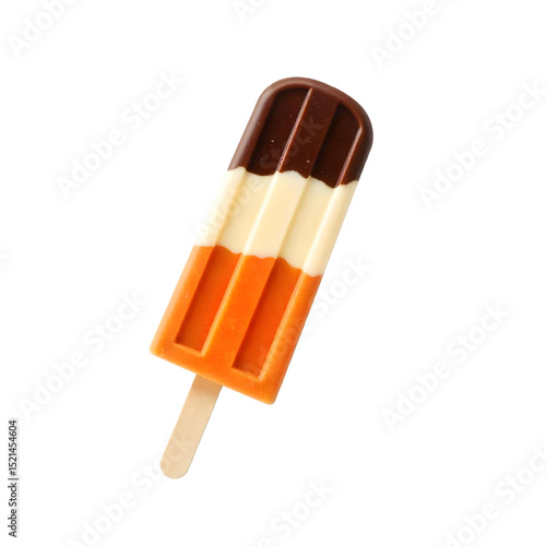 A popsicle with three flavors: chocolate , vanilla and orange , on a wooden stick, isolated on a png background