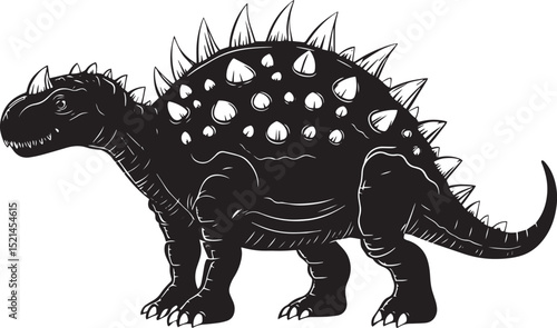 Ankylosaurus A robust quadrupedal dinosaur featuring heavy armor, bony plates on its back, and a clubbed tail, full-length black silhouette vector illustration.