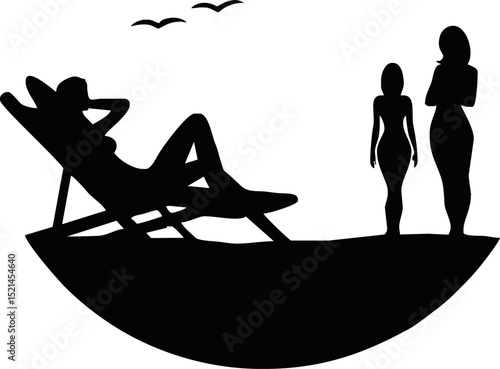 A silhouette of a people sunbathing on the beach, minimal vector style, white background, black shape only