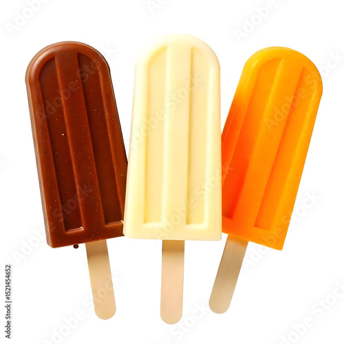 A popsicle with three flavors: chocolate , vanilla and orange , on a wooden stick, isolated on a png background