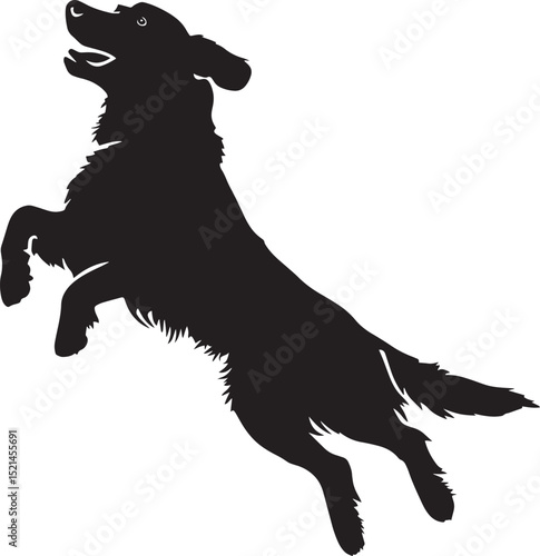 Dog in Mid-Jump Silhouette A dog soaring upward with legs extended, showcasing its agility, complete black vector silhouette design.