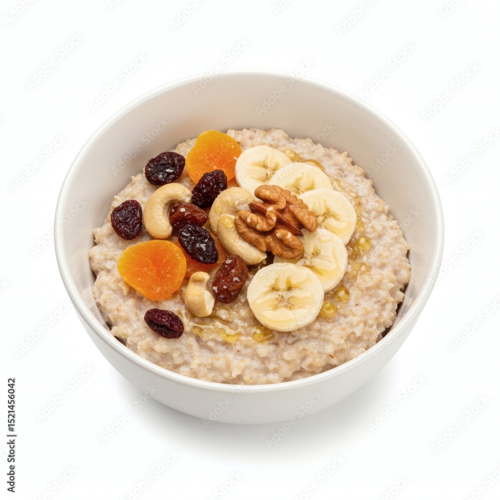 Warm oatmeal in a white bowl, topped with dried fruits, nuts and a drizzle of honey Warm oatmeal in a white bowl, topped with dried fruits, nuts and a drizzle of honey