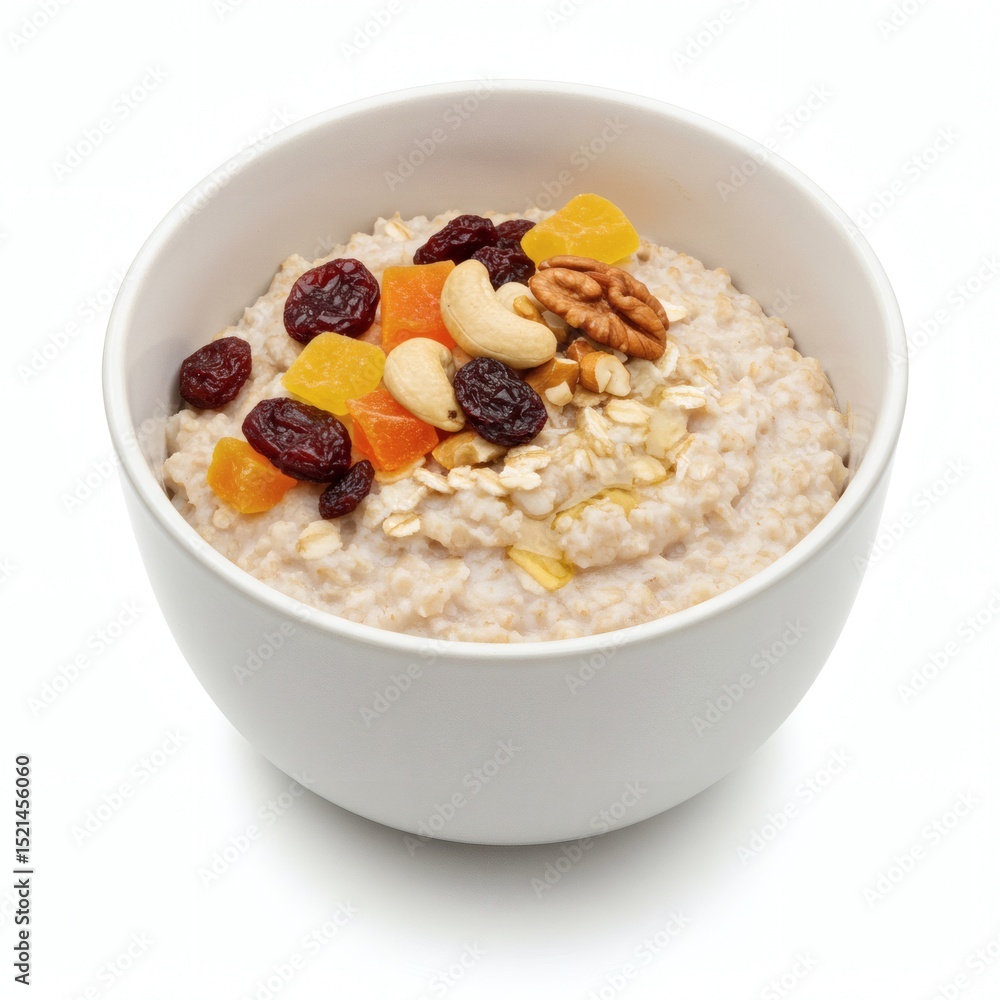 Warm oatmeal in a white bowl, topped with dried fruits, nuts and a drizzle of honey Warm oatmeal in a white bowl, topped with dried fruits, nuts and a drizzle of honey