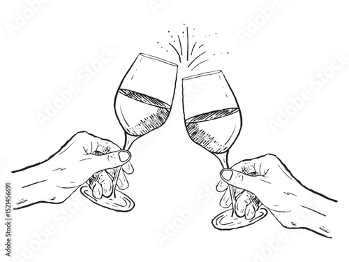 Hands holding glass of wine. Cheers concept. Happy birthday celebration in black brush stroke texture isolated on white. Hand drawn vector sketch illustration in vintage charcoal ink.