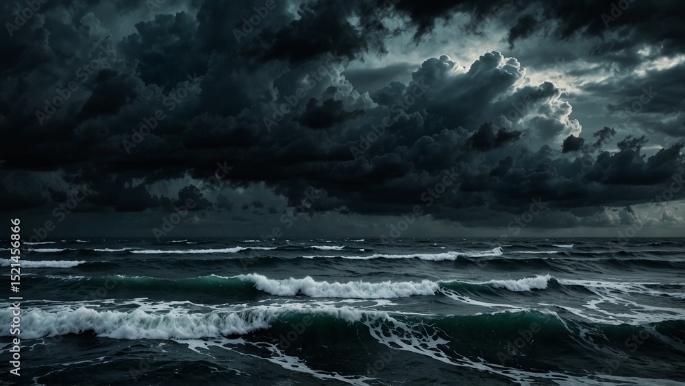 Fototapeta premium A dark and dramatic ocean scene with waves and clouds. Wide view of the ocean, with the sky covered with stormy clouds for an epic background or wallpaper .