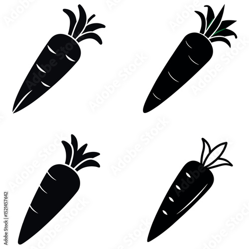 Four Carrots Silhouettes, Simple Black and White Design, Fresh Vegetable Elements