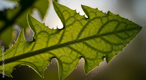 Radiant Dandelion Leaf Illuminated by Sunlight Exposing Veins and Serrated Edges