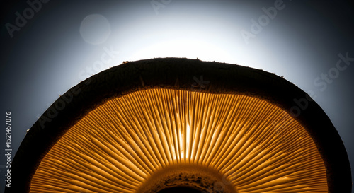Illuminated Mushroom Gills Against Gloomy Sky With Celestial Orb Background