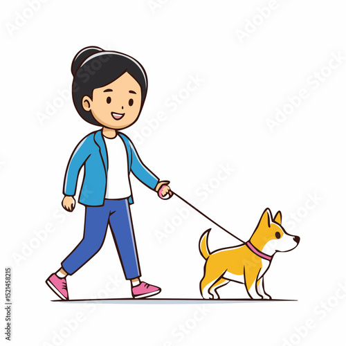 Vector simple illustration in line style, girl walking with a dog on a lead, friendly mascot and character
