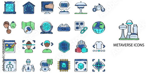 Metaverse simple concept 24 hand drawn color icons set .Vector illustration.